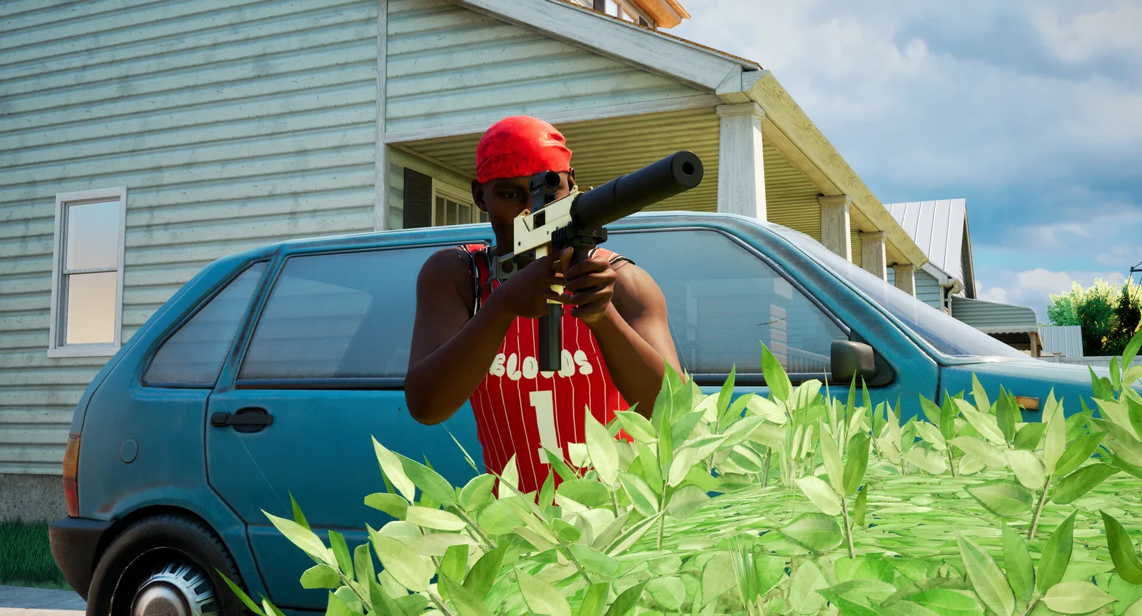Hood Warfare 2 character beside a blue car in a Chicago neighborhood